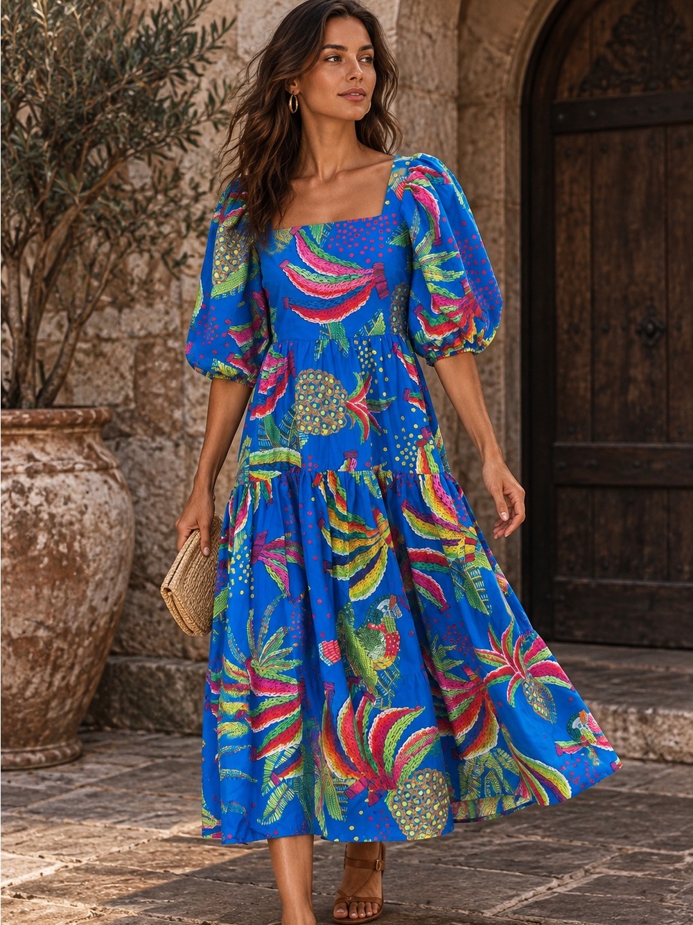FARM RIO Tropics Blue Tropical Print Puff Sleeve Resortwear Dress, XS